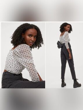 H&m Women's Polka Dot Ruched Sheer Mesh Long Sleeve Size Medium